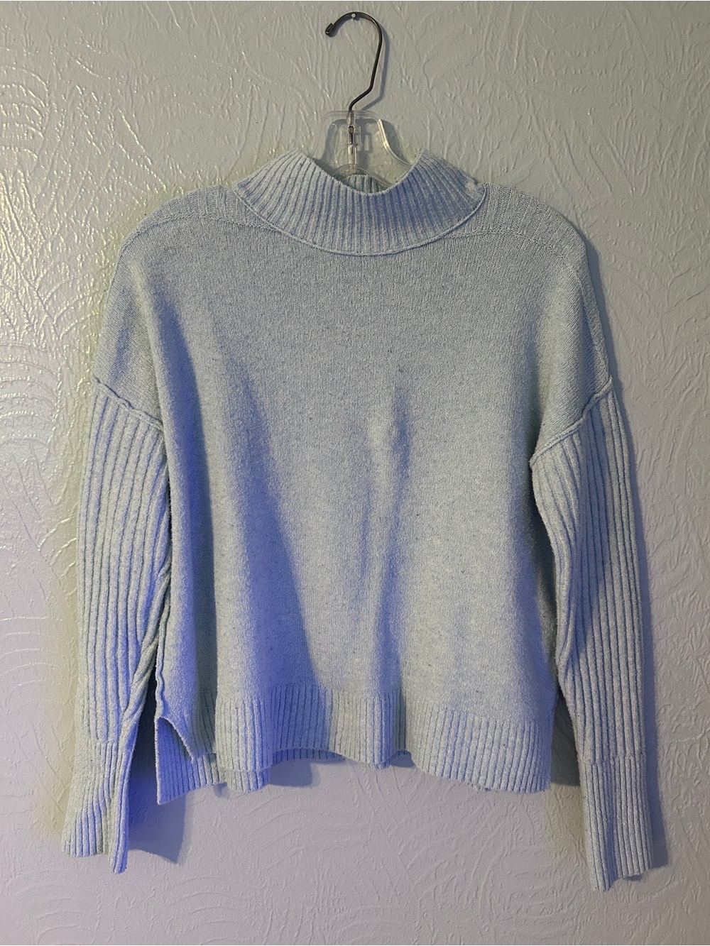 Women's Light Blue Mockneck Rib-Sleeve Sweater